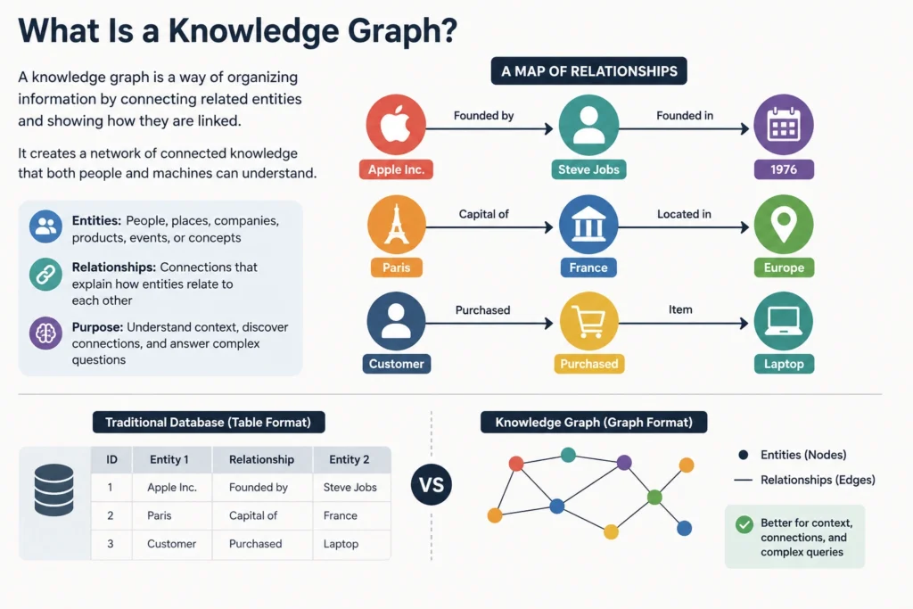 Knowledge graph diagram showing entities connected through relationships to help AI and search engines understand data, context, and real-world connections.