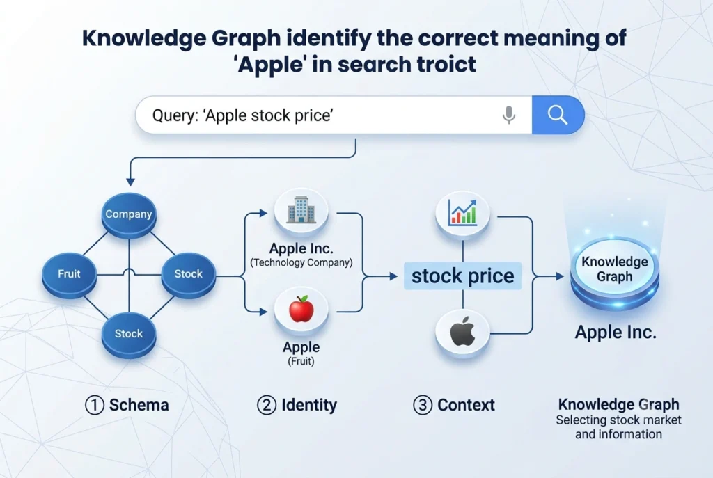 Knowledge graph diagram showing entities connected through relationships to help AI and search engines understand data, context, and real-world connections.